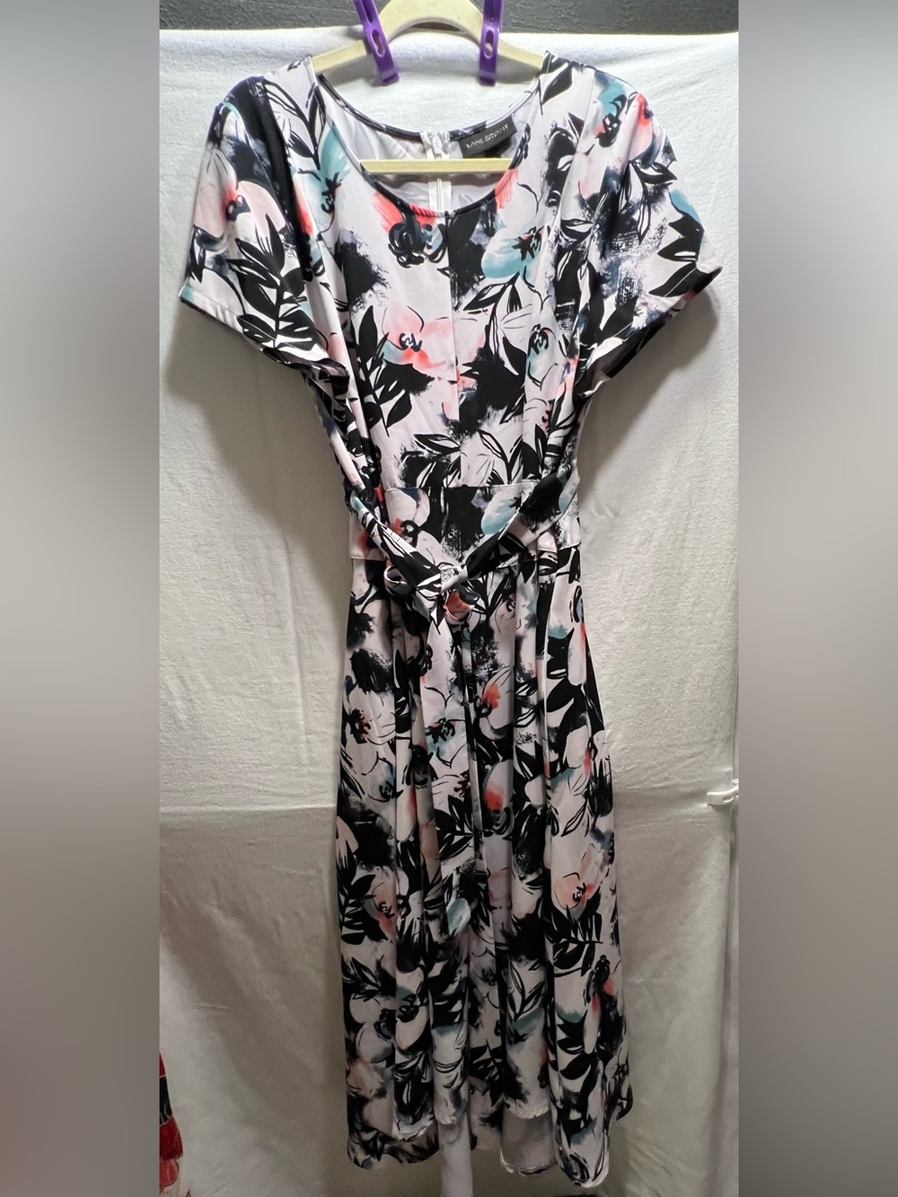 Lane Bryant Black Floral Midi Dress with Pink & Aqua Accents